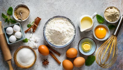 Foto op Plexiglas Brood baking background ingredients flour sugar eggs and others at light stone table top view with copy space
