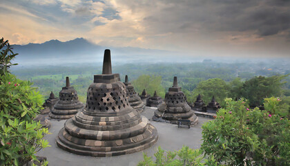 famous borobudur temple in mungkid indonesia natural - obrazy, fototapety, plakaty