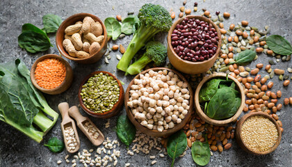 vegan protein source legumes beans lentils nuts broccoli spinach and seeds top view on stone table healthy vegetarian food - obrazy, fototapety, plakaty