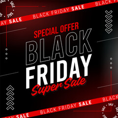 Black Friday Super Sale Banner. Modern minimal design with Red, black Color typography. Vector Template