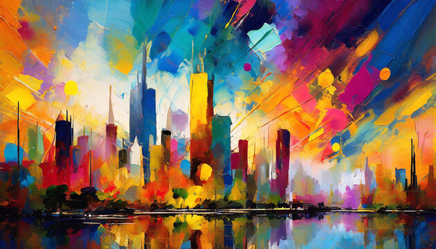 abstract painting the city comes to life with a burst of vibrant colors and dynamic shapes