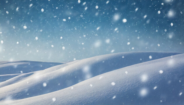 beautiful ultrawide background image of light snowfall falling over of snowdrifts