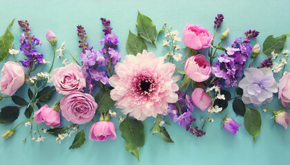 top view image of pink and purple flowers composition over pastel blue background flat lay