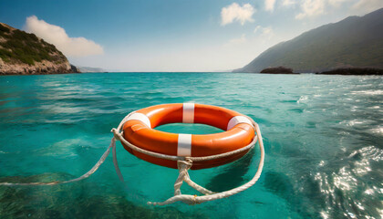 lifebuoy floating at sea generative ai - obrazy, fototapety, plakaty