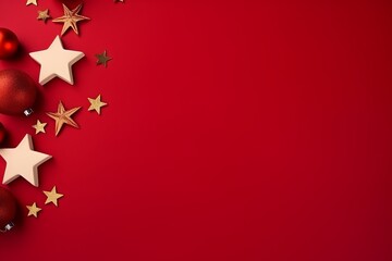 Christmas-themed flat lay with festive accessories on red backdrop.