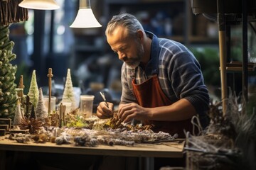 Artisans carving wooden figurines and crafting intricate wreaths, capturing the essence of holiday craftsmanship. Ideal for DIY and creative themes.

