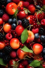 Vibrant close-up of mixed summer fruits including berries, peaches, and cherries.