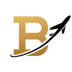 Gold and Black Antique Letter B Icon with an Airplane