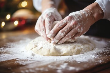 A heartwarming scene of hands shaping cookie dough, surrounded by a dusting of flour. Ideal for culinary and holiday projects.