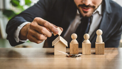 businessman hand choosing mini wood human model from model on wood table planning to buy property - obrazy, fototapety, plakaty
