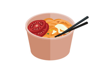 Hot soup noodle in a plastic bowl with tomato slice topping. Simple flat illustration.
