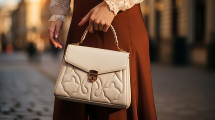 Grasping a timeless handbag with style and grace - obrazy, fototapety, plakaty