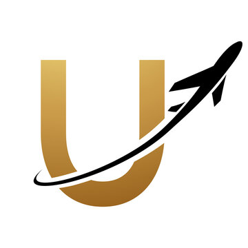 Gold and Black Uppercase Letter U Icon with an Airplane