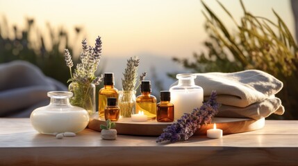 Tranquil scene of essential oils and gentle rubs for ultimate relaxation - obrazy, fototapety, plakaty
