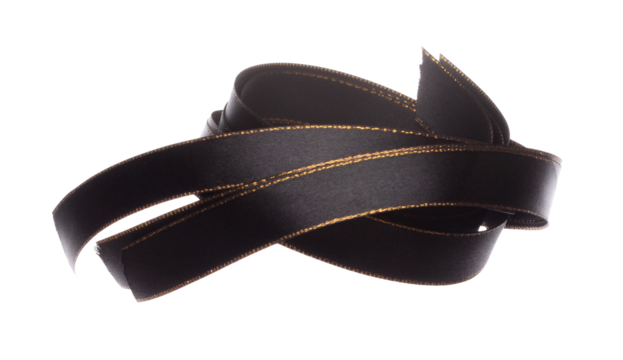 Black ribbon long straight fly in air with curve roll shiny. Black ribbon for present gift birthday party to wrap around decorate and curl curve long straight. White background isolated