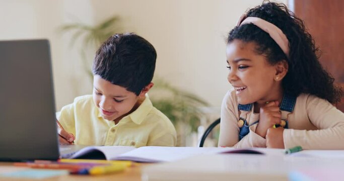Children, siblings and home education, writing and learning together for language development and knowledge. Happy interracial kids with school homework, laptop for e learning or virtual online class