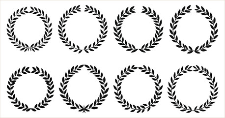 Set of black circular foliate laurels branches. Collection of different black and white silhouette circular laurel foliate - obrazy, fototapety, plakaty