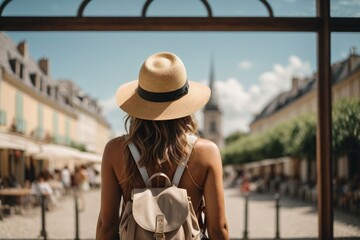Back view of Tourist woman with hat and backpack at vacation in France