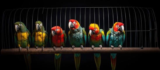The lovely parrots imprisoned in a cage