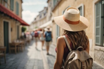 Back view of Tourist woman with hat and backpack at vacation in France
