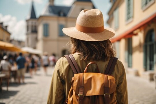 Back view of Tourist woman with hat and backpack at vacation in France