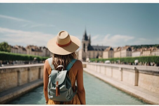 Back view of Tourist woman with hat and backpack at vacation in France