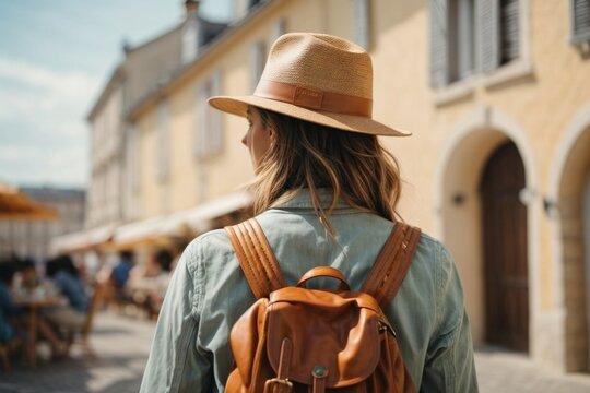 Back view of Tourist woman with hat and backpack at vacation in France