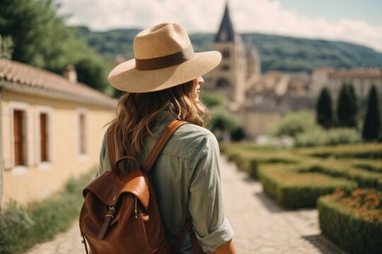 Back view of Tourist woman with hat and backpack at vacation in France