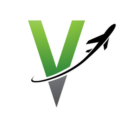 Green and Black Futuristic Letter V Icon with an Airplane