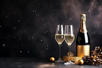 champagne prepared for new year, copy space and flat lay, generative ai