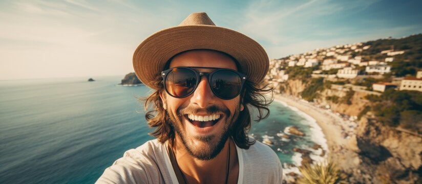 Tourist capturing summer memories with cellphone Man enjoying vacation laughing at camera