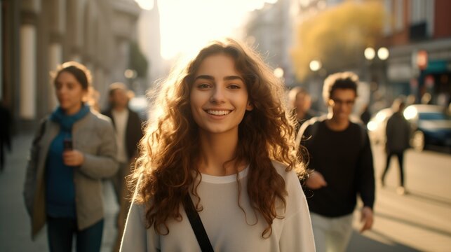 Smiling young brunette posing at a beautiful city wearing eyeglasses looking at the camera