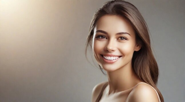 beautiful smiling female portrait with space for text on the side, background image, AI generated