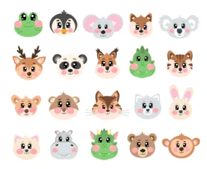Papier Peint photo Ensemble d animaux mignons Big set, collection of cute head, face animals on white isolated background. Happy feeling face kawaii pets. Kid, baby cartoon graphic design. Kawaii cutie zoo, wild animals vector illustration