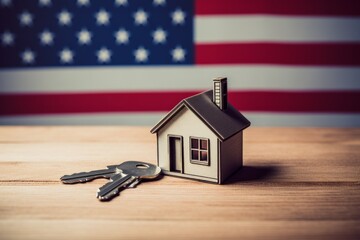 American housing market, house keys in front of the American flag, housing affordability issue, savings and mortgage concept - obrazy, fototapety, plakaty