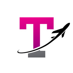 Magenta and Black Antique Letter T Icon with an Airplane
