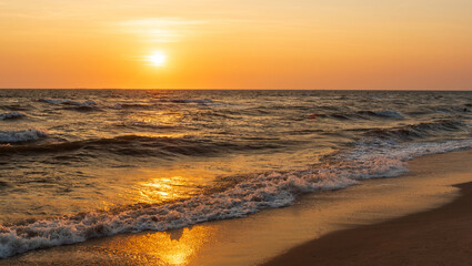 Landscape viewpoint panorama  summer sea wind wave cool holiday calm coastal sunset sky light orange golden evening day look calm Nature tropical Beautiful sea water travel Bangsaen Beach thailand