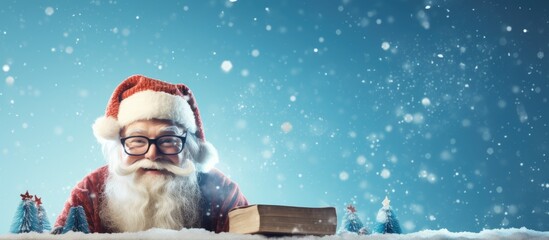 Hipster with glasses holding book outdoors Santa pointing in winter Christmas and New Year celebration snowmen snow tree on table concept of learning and enjoyment