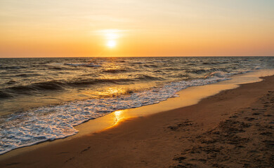 Landscape viewpoint panorama  summer sea wind wave cool holiday calm coastal sunset sky light orange golden evening day look calm Nature tropical Beautiful sea water travel Bangsaen Beach thailand