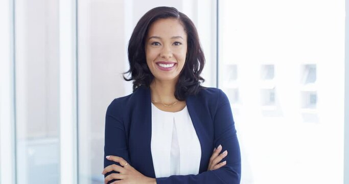 Corporate lawyer, arms crossed and woman in business with smile on face, confident and pride at office. Attorney at law firm, career and professional legal advisor in portrait, ambition and happiness