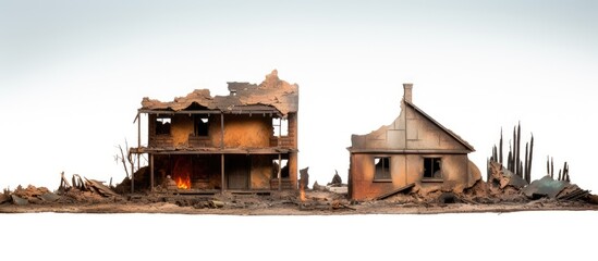 Fire damaged dwelling without roof separate from the surroundings - obrazy, fototapety, plakaty