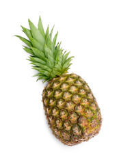 Whole ripe pineapple on white background, top view. Space for text