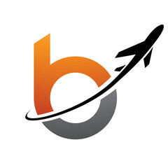 Orange and Black Lowercase Letter B Icon with an Airplane