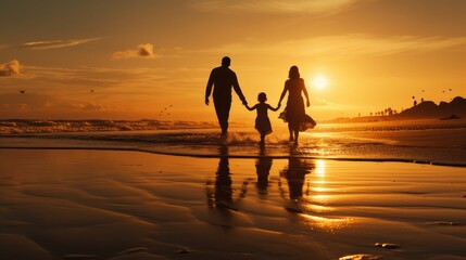 Fototapeta premium Silhouetted Happy Asian Family Playing And Having Fun On The Beach At Sunset. Recreation, relax, holiday, vacant time.