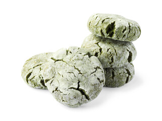 Many tasty matcha cookies on white background