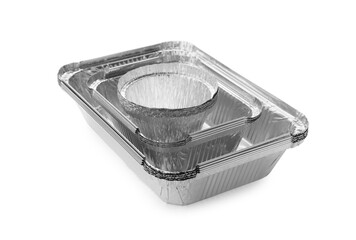 Many different aluminum foil containers isolated on white