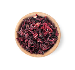 Obraz na płótnie Canvas Bowl of dry hibiscus tea isolated on white, top view