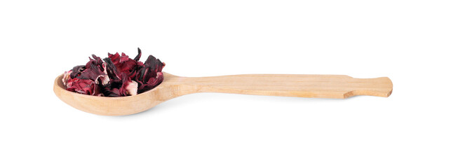 Wooden spoon of dry hibiscus tea isolated on white