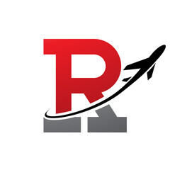 Red and Black Antique Letter R Icon with an Airplane