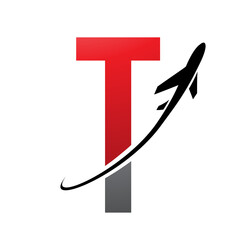 Red and Black Futuristic Letter T Icon with an Airplane